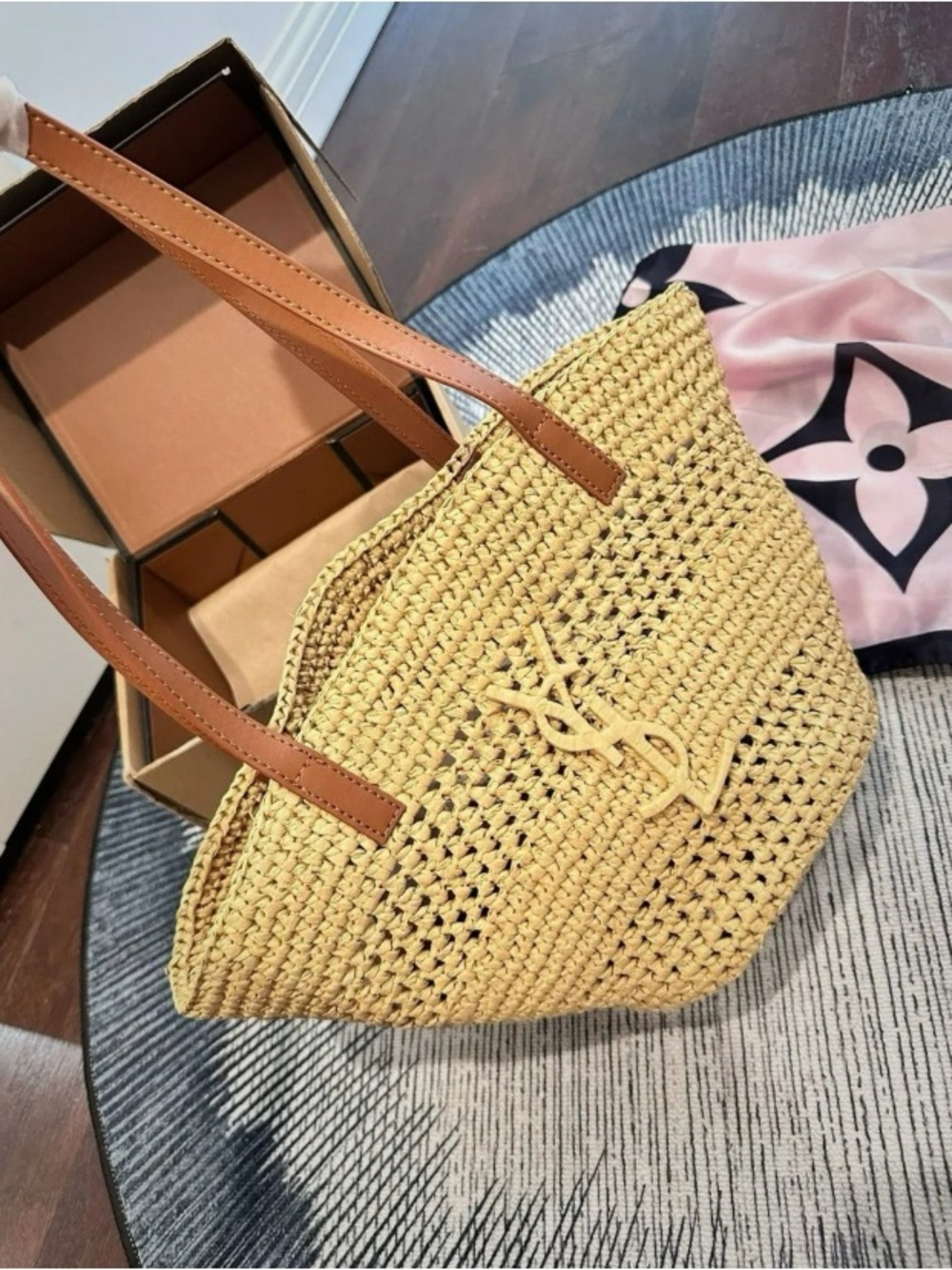 YSL Woven Straw Tote with Brown Leather Straps - Natural